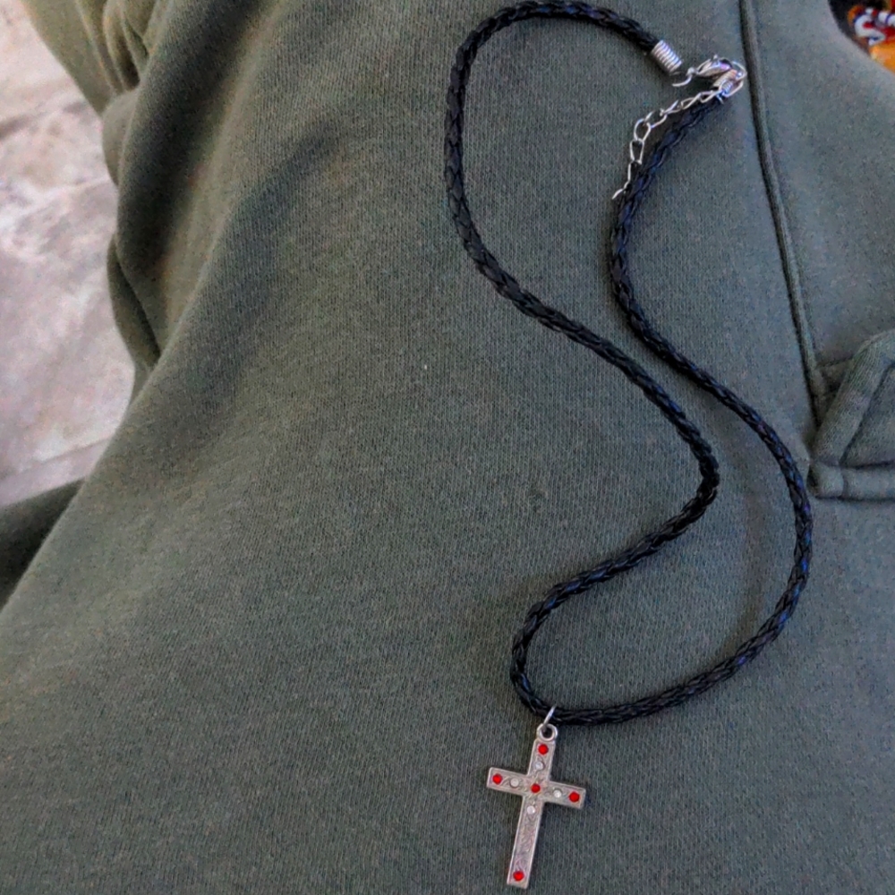 HOMEMADE RUBY & DIAMOND ROPE BRAIDED CROSS NECKLACE